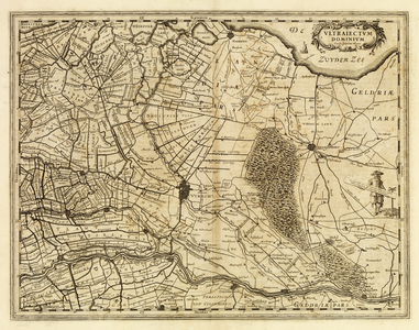 214251 Kaart van de provincie Utrecht met aangrenzend gebied; met weergave van steden, wegen en watergangen en ...